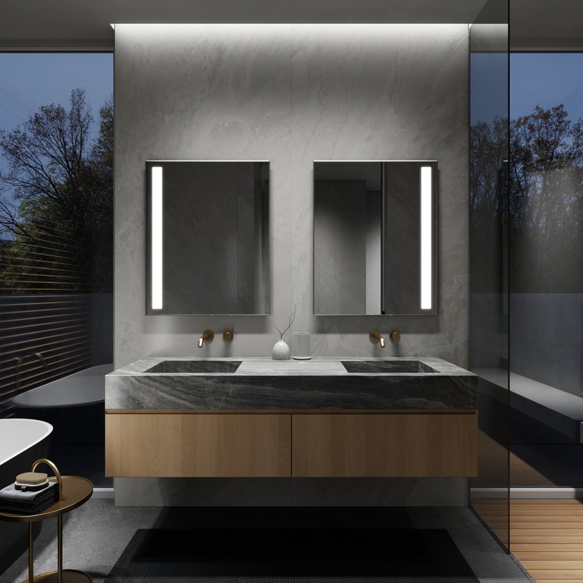 NORMA LED bathroom mirror with symmetrical side lighting, night view. Claris Company.