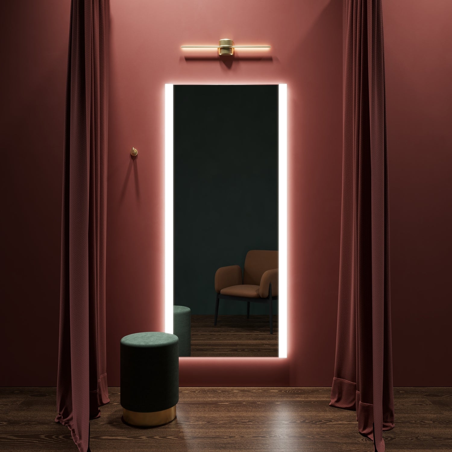 Nano Decor backlit LED mirror for a dressing room, home-living setting. Claris Company.