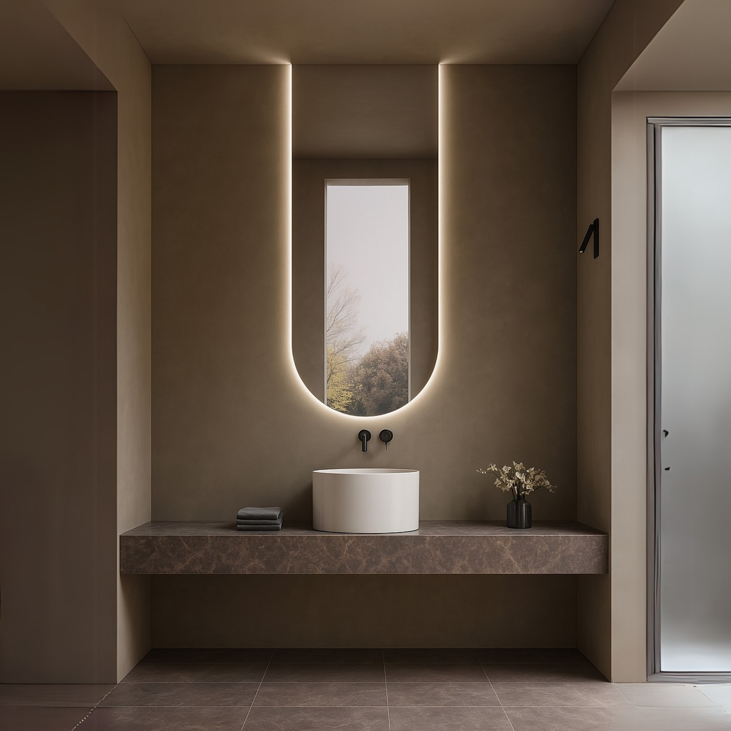 Claris PULSE 24 by 72 inch backlit LED bathroom mirror with sculptural U-shaped form, Radiance Collection