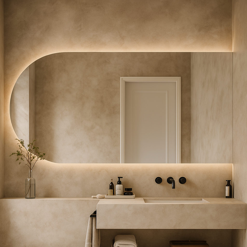 Claris PULSE backlit LED bathroom mirror installed in a modern bath with beige walls, Radiance Collection