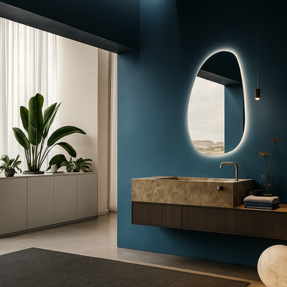 Modern bathroom with blue walls, a sink, and decorative elements.