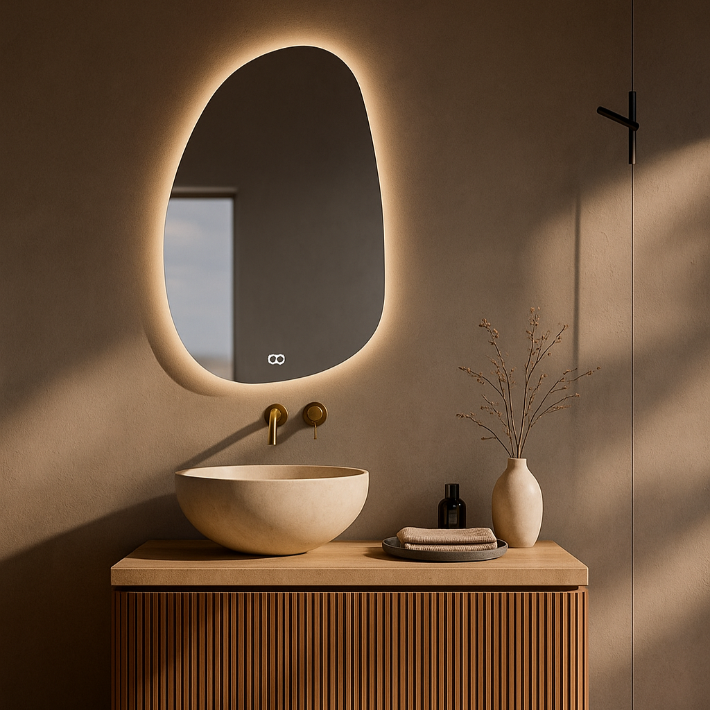 Bathroom vanity with illuminated mirror and decorative elements