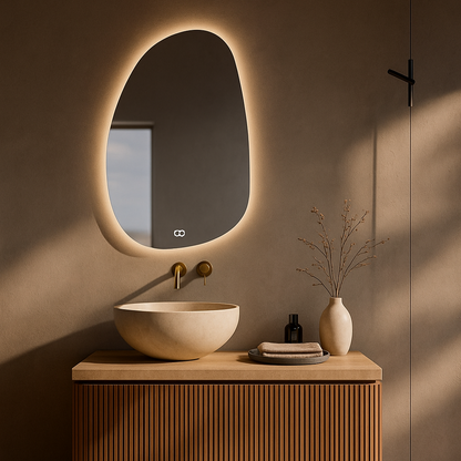 Bathroom vanity with illuminated mirror and decorative elements