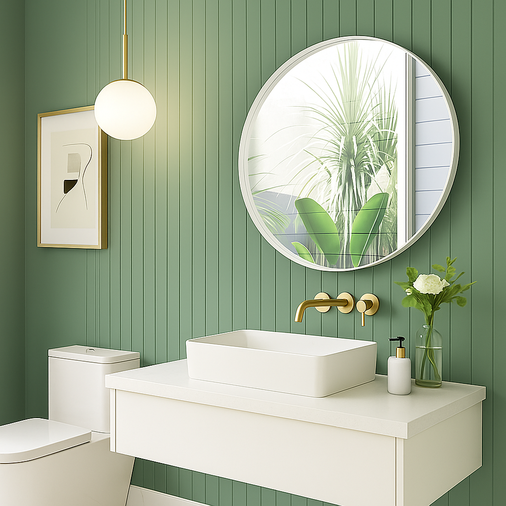 VELA LED bathroom mirror in white finish with beveled edges. Claris Company.