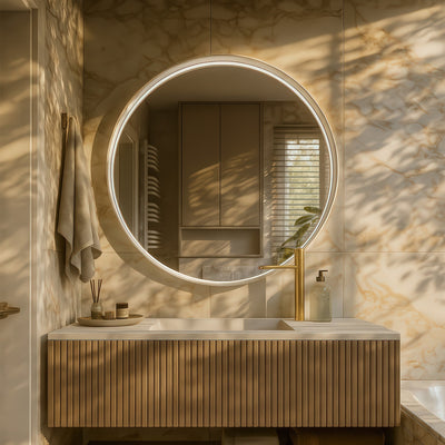 Bathroom vanity with round mirror and natural light casting shadows