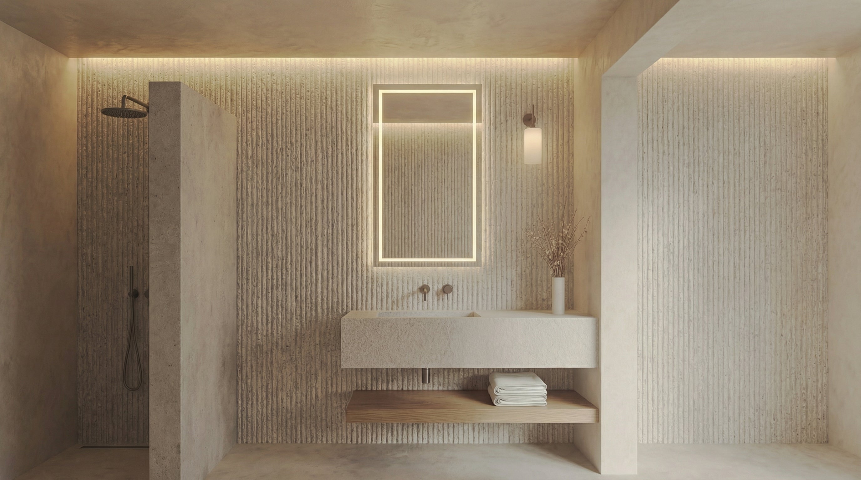 Modern bathroom with a sink, mirror, and shower area.