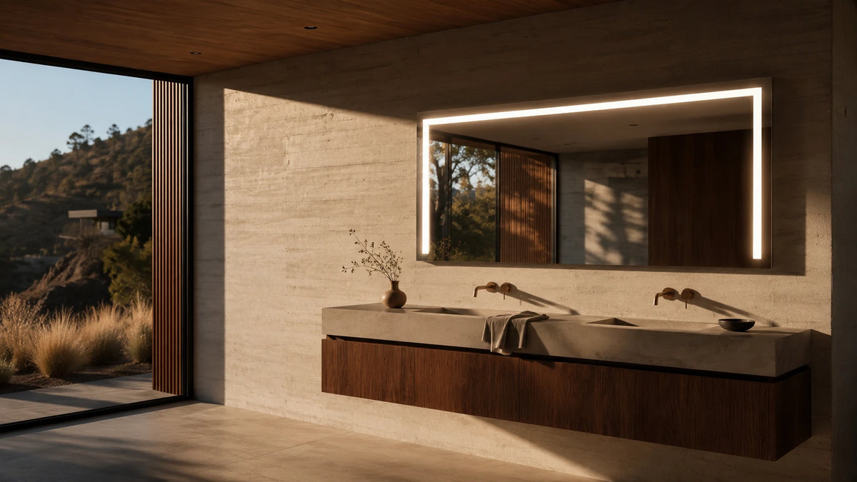 Claris ACARI front-lit LED mirror in an LA canyon bathroom, wide room view, Radiance Collection, wide view