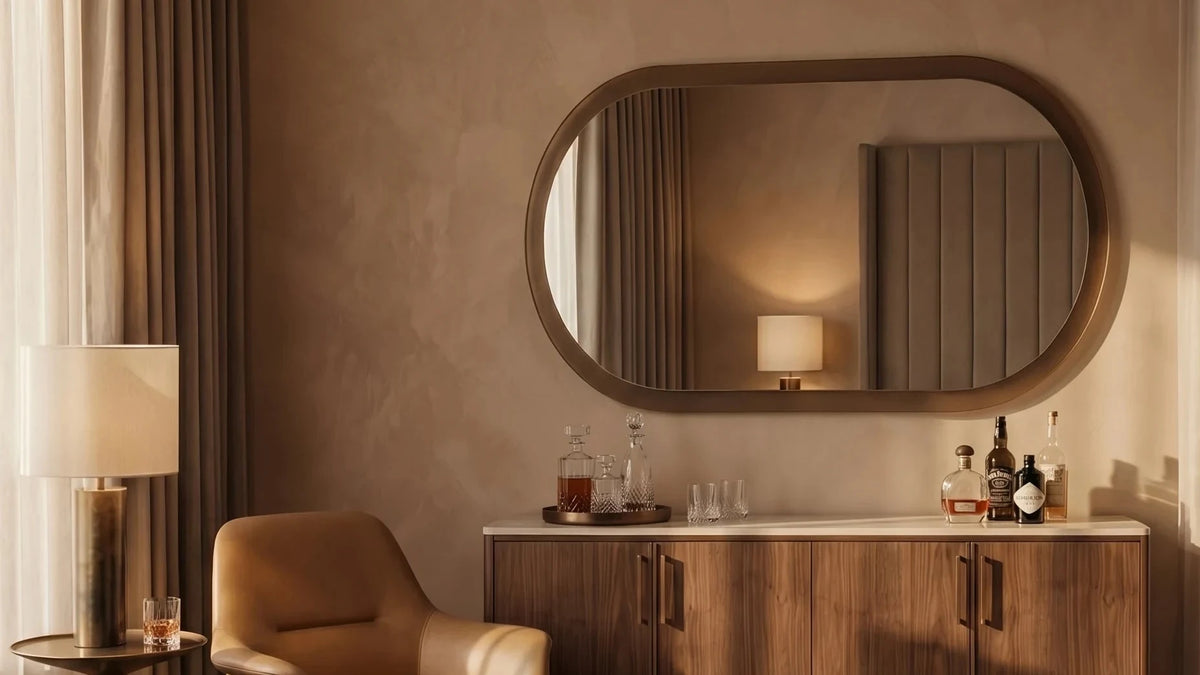 ALHENA mirror in a home-living interior, hero view, Gemini Collection. Claris Company, wide view