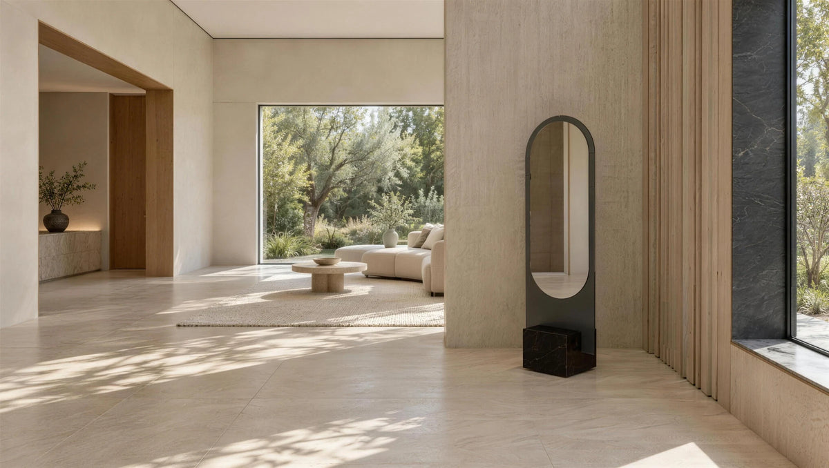 Claris ALICE floor mirror against a plaster wall with one large window, daylight, wide view