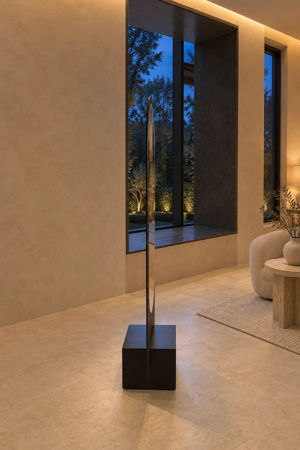 Claris ALICE floor mirror seen in profile at the blue hour, two layers of glass on an ĒCLOS base