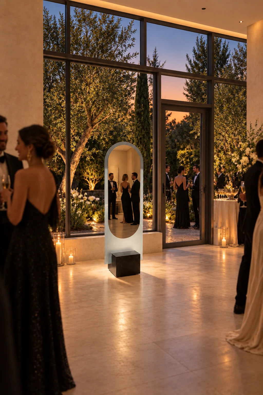 Claris ALICE floor mirror among guests at a candlelit summer gala, tall windows behind