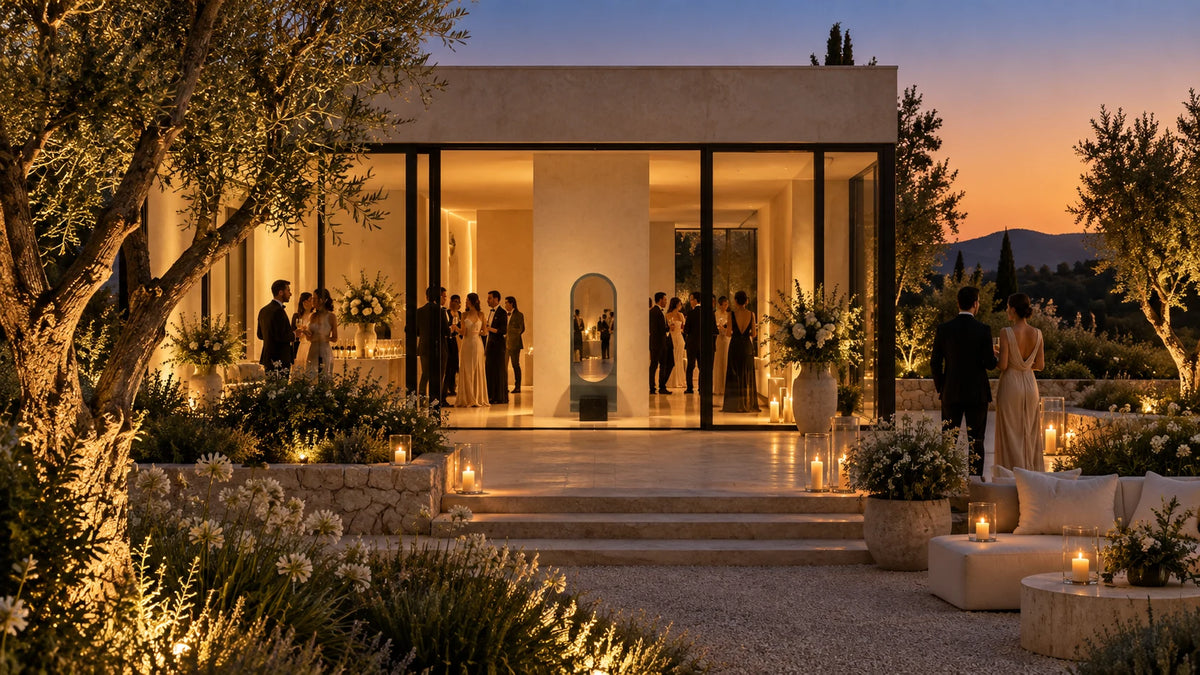 Claris ALICE floor mirror seen from the garden at dusk, the house lit for a summer gala