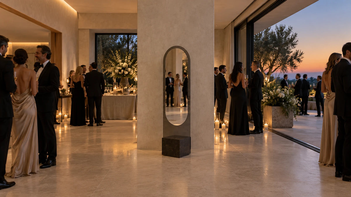 Claris ALICE floor mirror at the centre of a candlelit summer gala, wide view