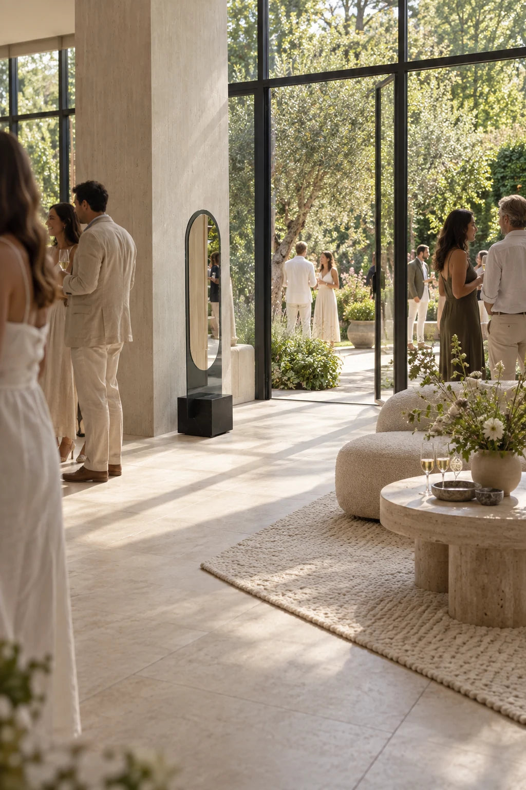 Claris ALICE floor mirror at a daytime garden party, guests either side