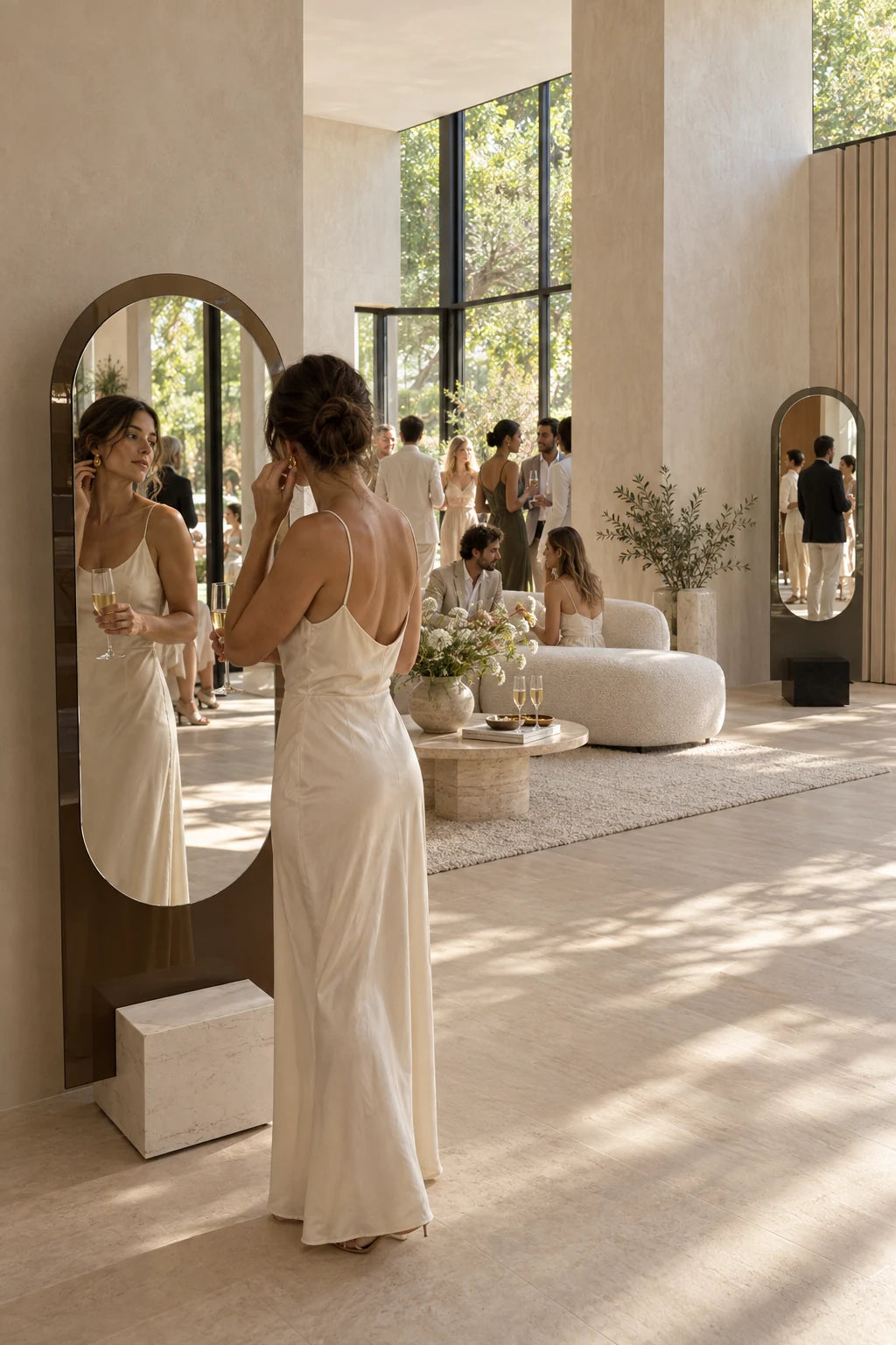 A guest checks her look in the Claris ALICE floor mirror at a daytime party