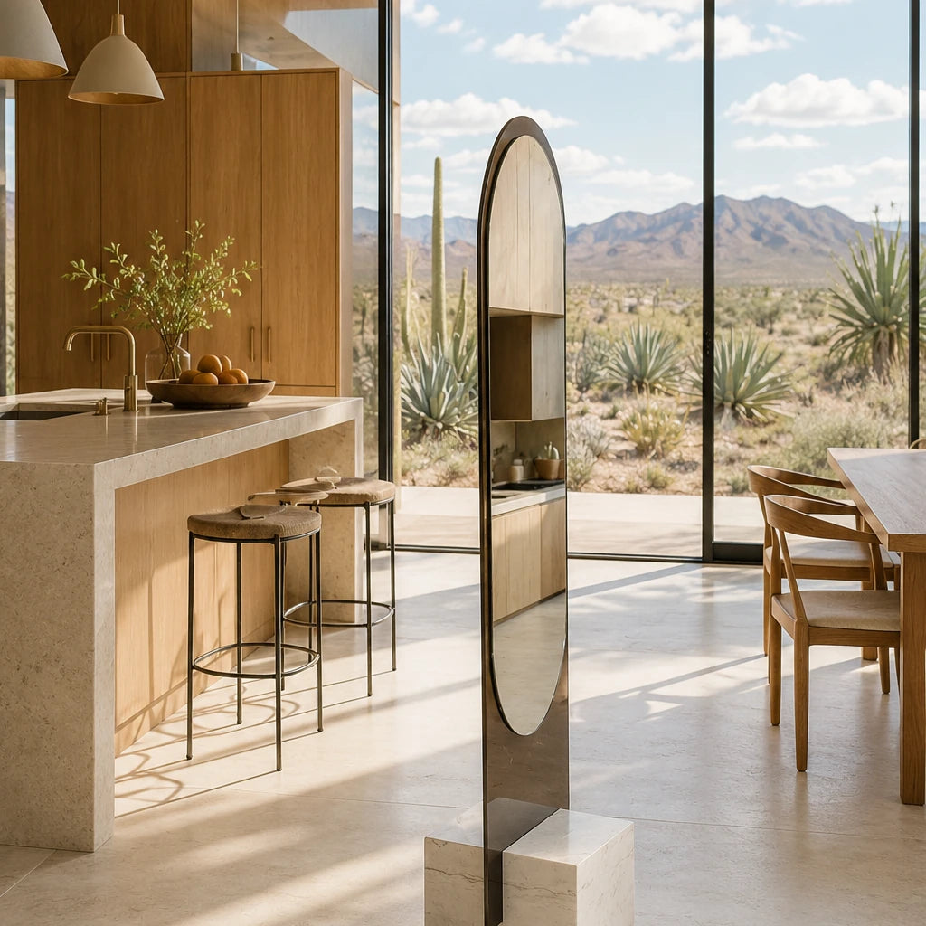 Claris ALICE floor mirror in a desert kitchen with oak cabinets and a stone island