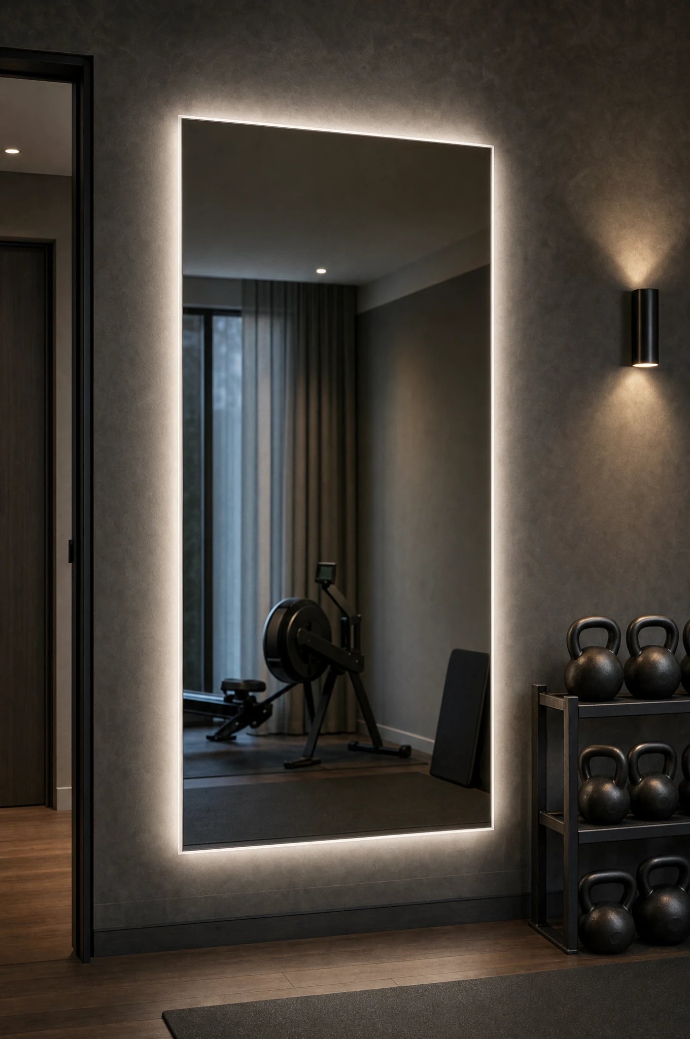 Claris ANIMA STUDIO large-format backlit mirror in a private home gym, Studio Line