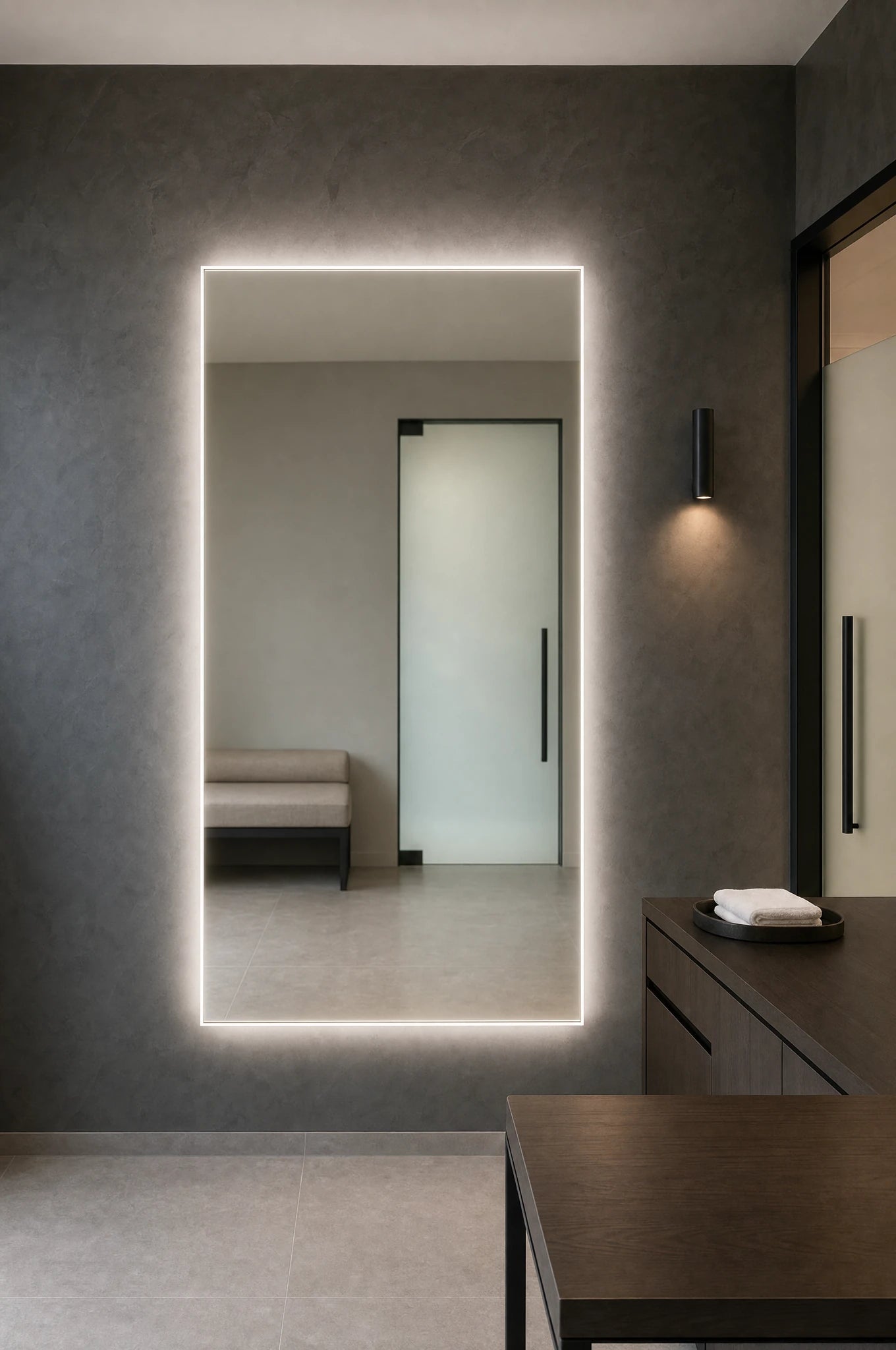 Claris ANIMA STUDIO large-format backlit mirror in a medical consultation office, Studio Line