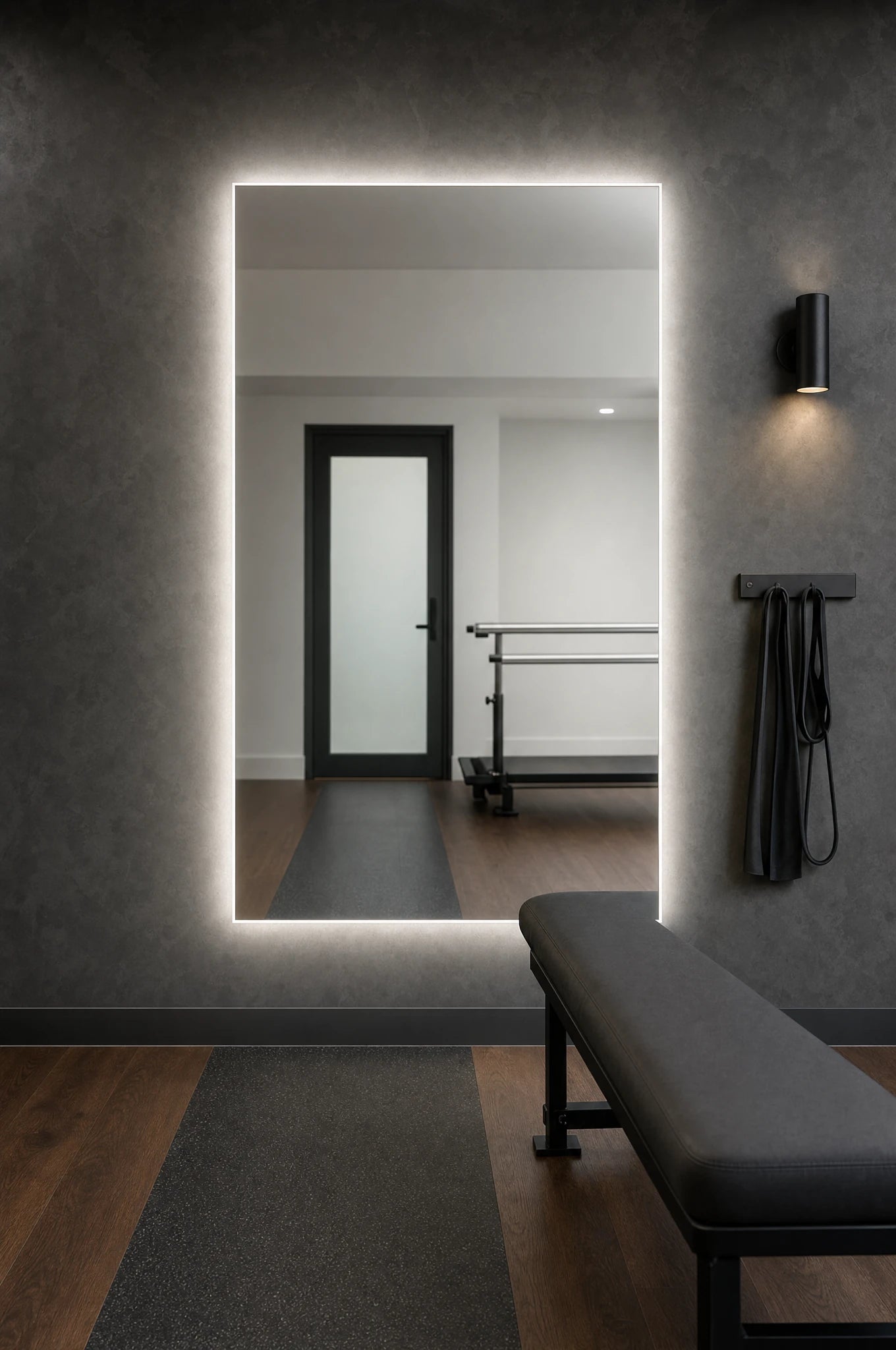 Claris ANIMA STUDIO large-format backlit mirror in a physiotherapy assessment room, Studio Line