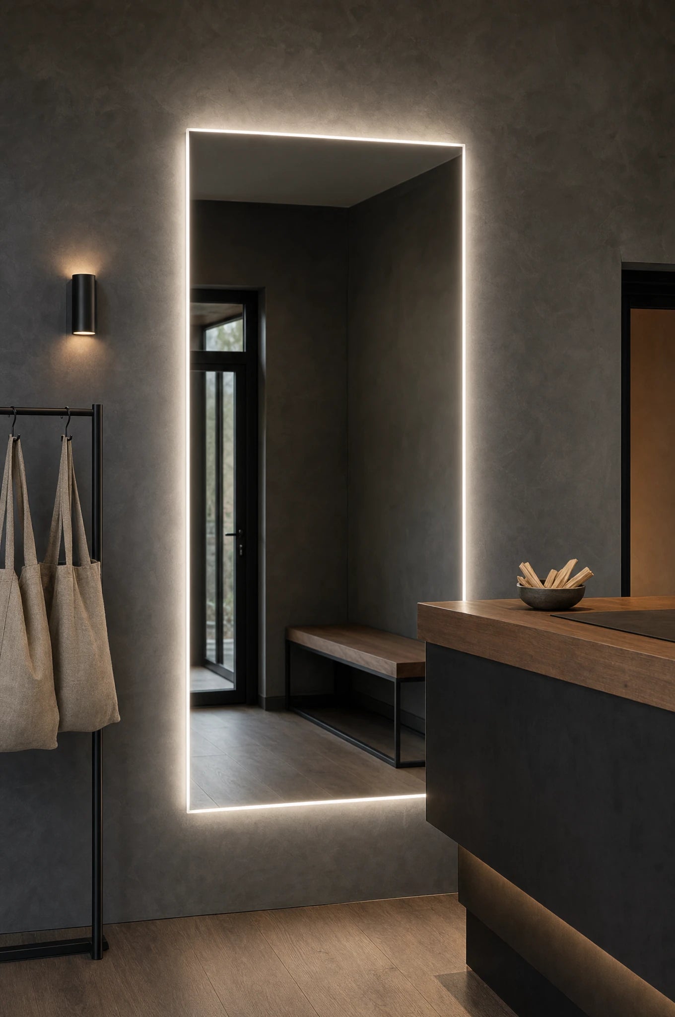 Claris ANIMA STUDIO large-format backlit mirror in a yoga centre reception, Studio Line