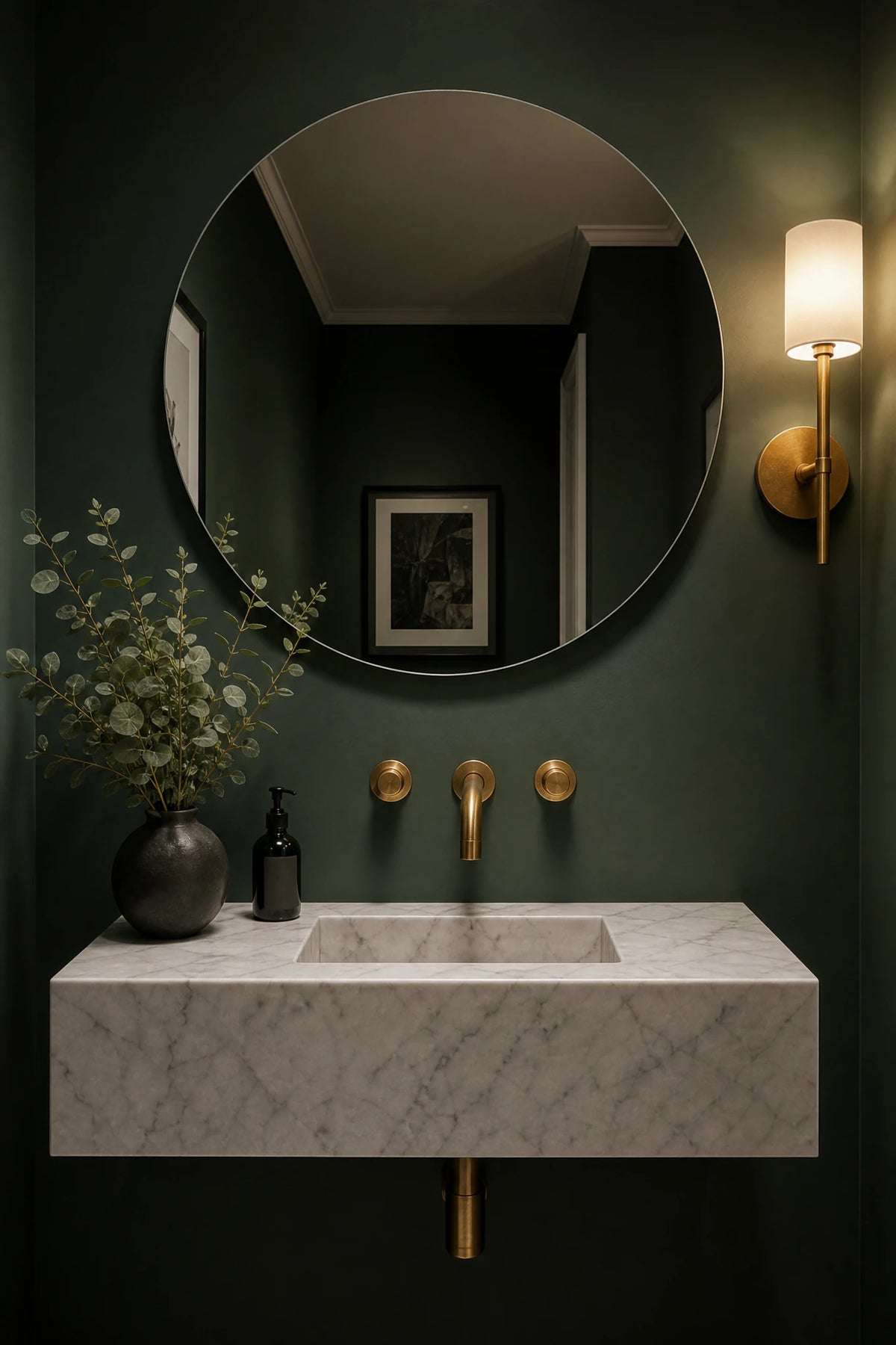 ASOLA round mirror in a deep green powder room