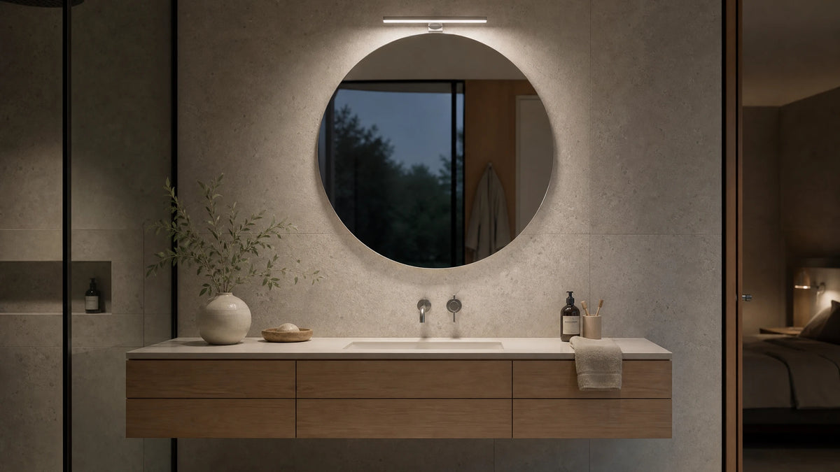 ASOLA with chrome LED light above a vanity at dusk, wide view