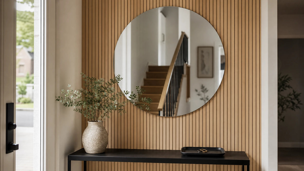 ASOLA round mirror above an entryway console, wide view