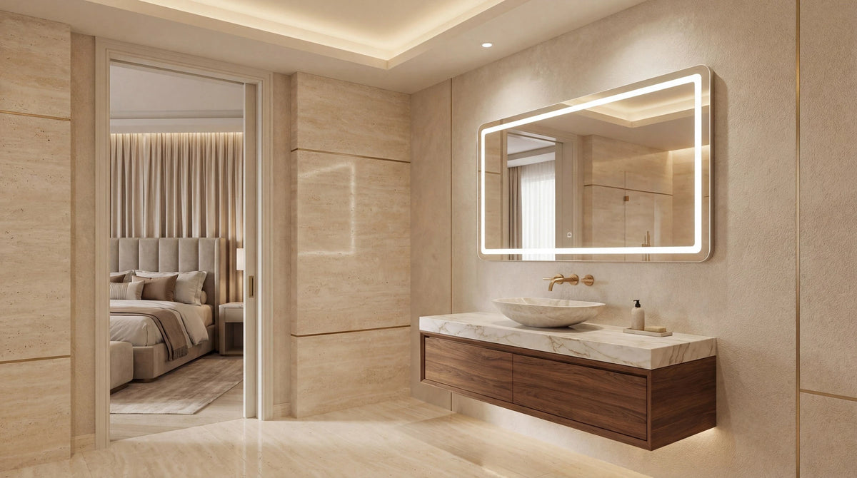 Claris BOCA front-lit LED bathroom mirror above a walnut vanity in a hotel suite, Radiance Collection, wide view