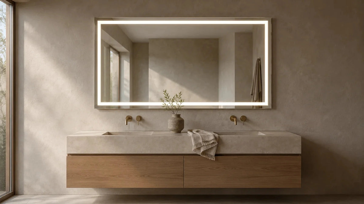 Claris BOCA 78 by 36 inch wide framed backlit LED bathroom mirror with clean illuminated outline, over a double vanity in a warm plaster bath. Radiance Collection, wide view