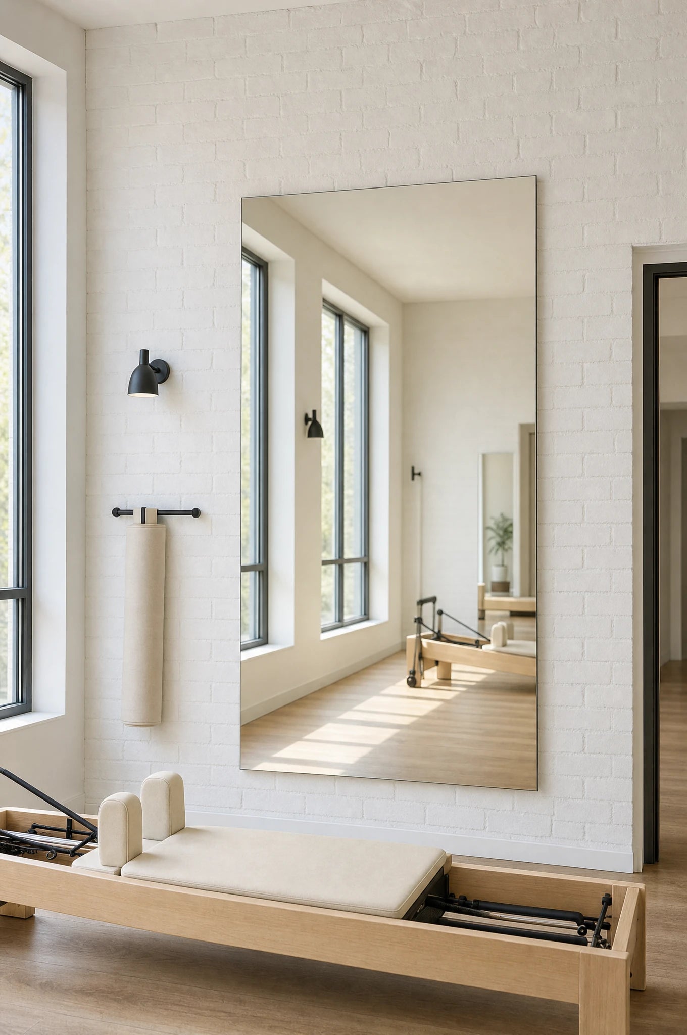 Claris CANZO STUDIO plain wall mirror in a daylight pilates loft, Studio Line