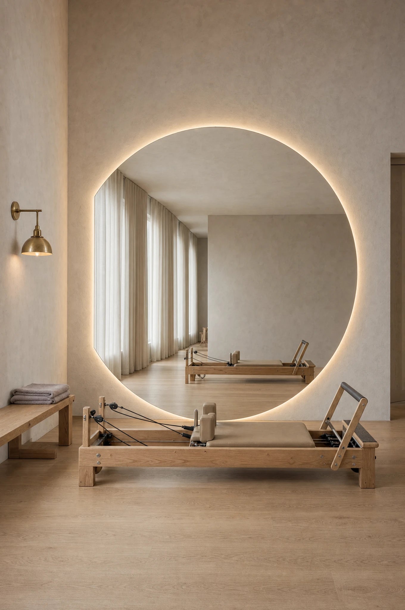 Claris COMO STUDIO colossal offset round backlit mirror standing against the wall of a pilates studio, Studio Line