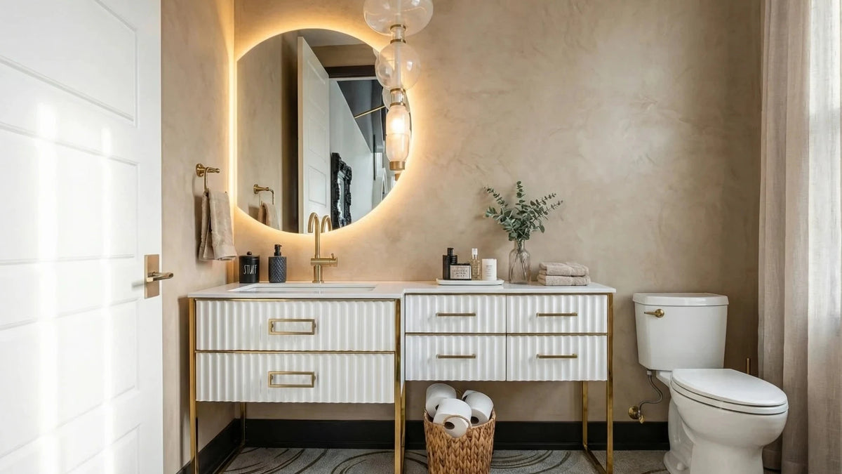 Claris COMO LED mirror in a bathroom, wide product hero, wide view