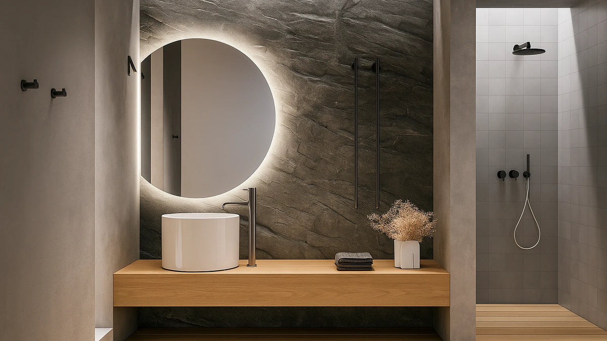 Claris COMO mirror in a room, wide view