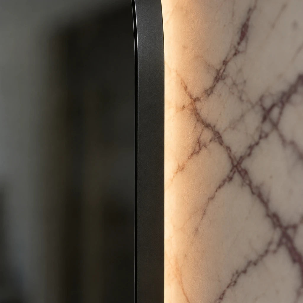 Claris DIANO BLACK mirror, Calacatta Viola edge close-up