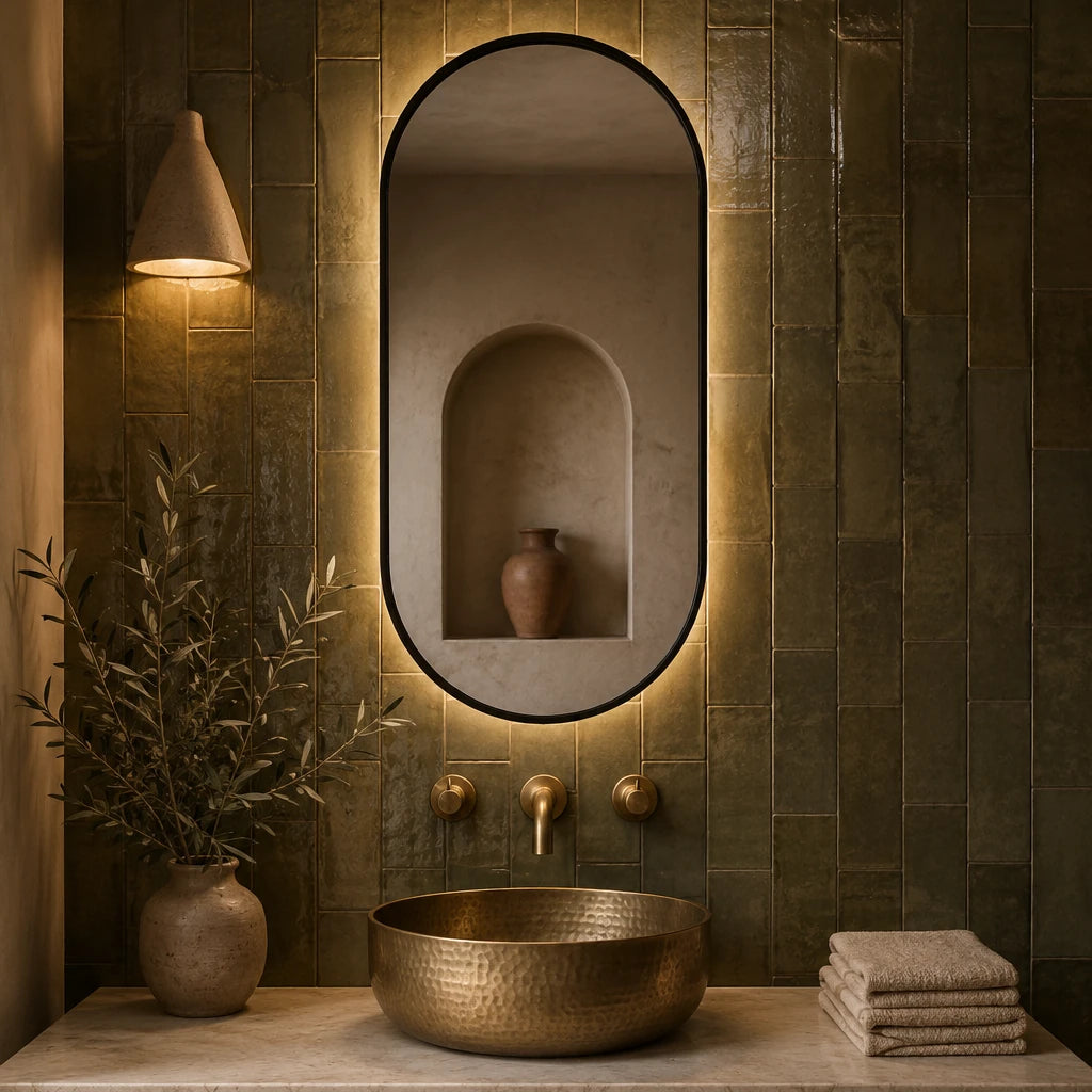 Claris DIANO BLACK mirror on olive zellige tile