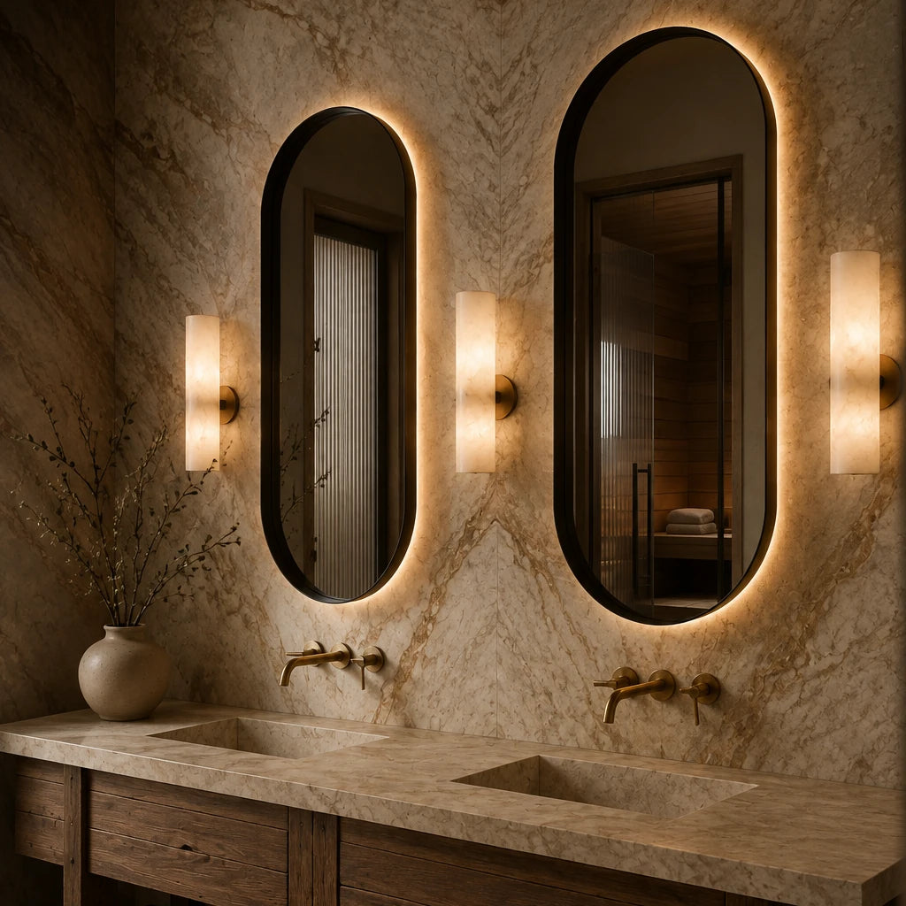 Claris DIANO BLACK mirror on Taj Mahal quartzite, angled view