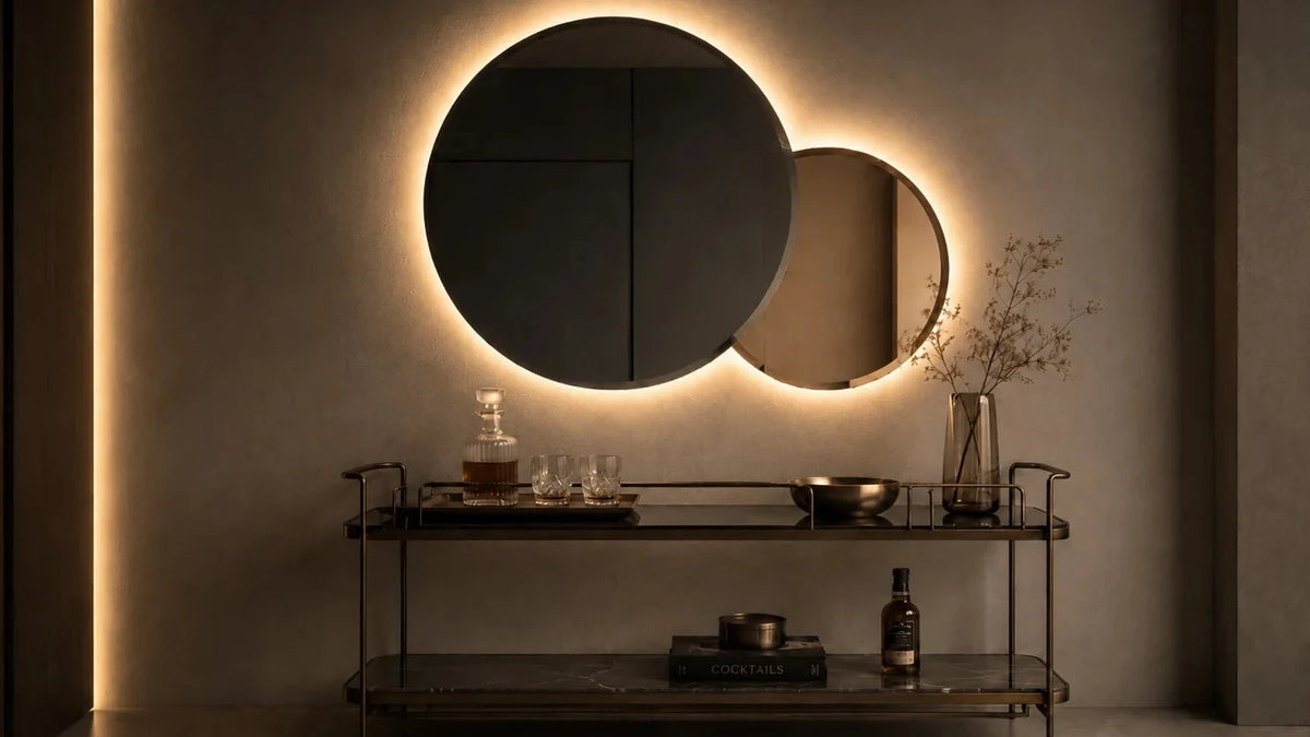 Claris DUO R mirror in a living space, wide product hero, wide view