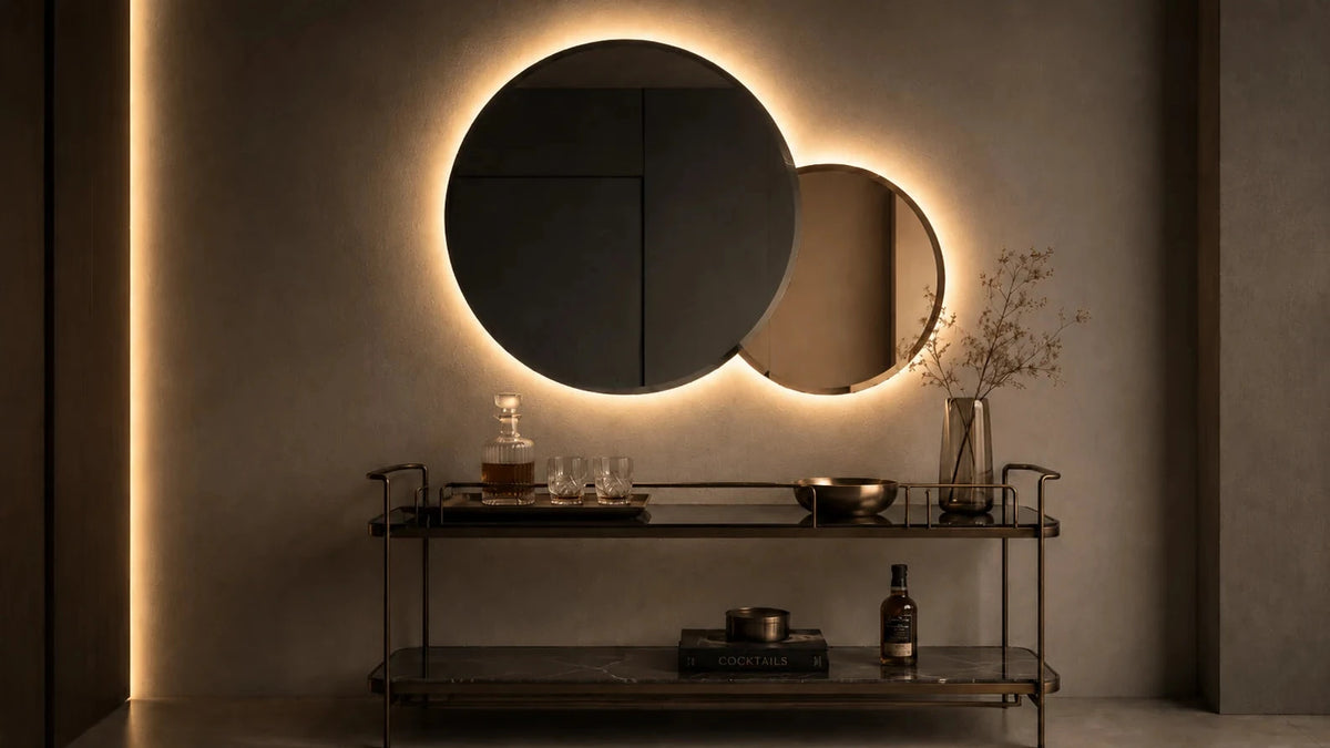DUO R dual-circle composition in graphite bronze finish, residential home living lifestyle. Claris Company, wide view