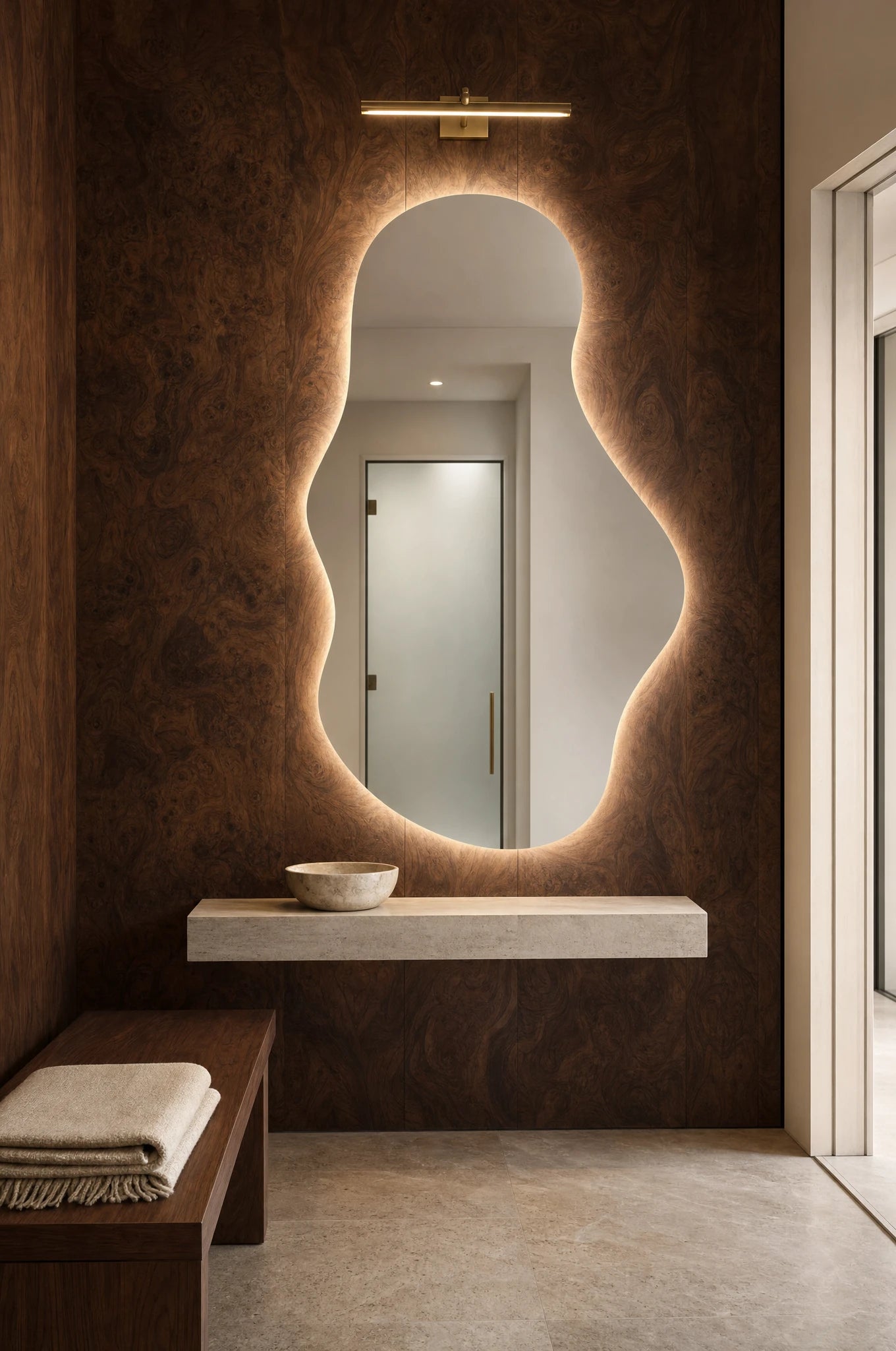 Claris EMIRA STUDIO organic backlit mirror in an aesthetic clinic entry, Studio Line