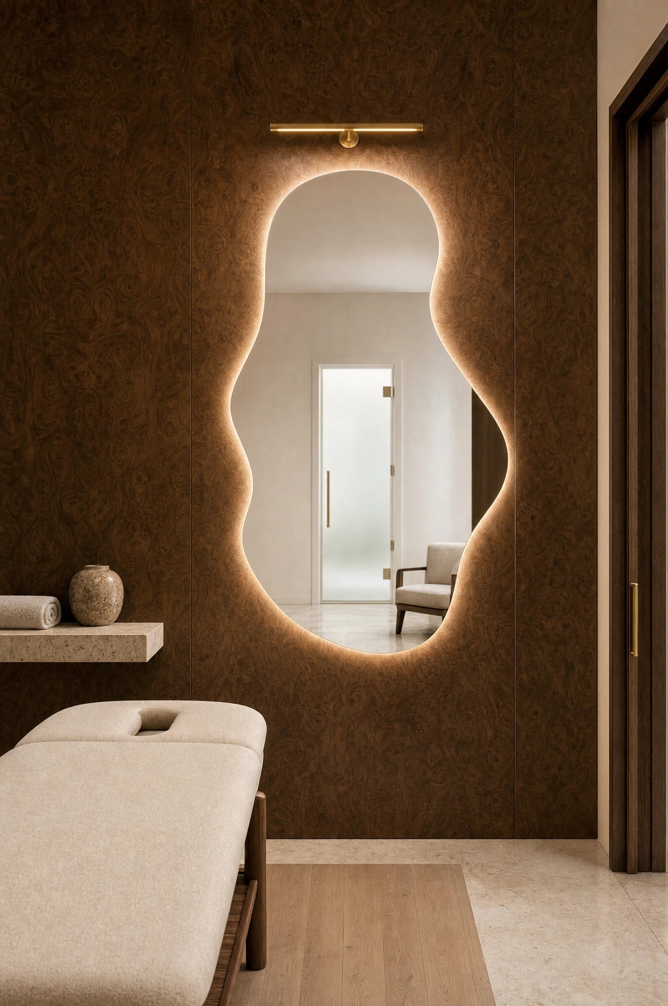 Claris EMIRA STUDIO organic backlit mirror in a physiotherapy recovery suite, Studio Line