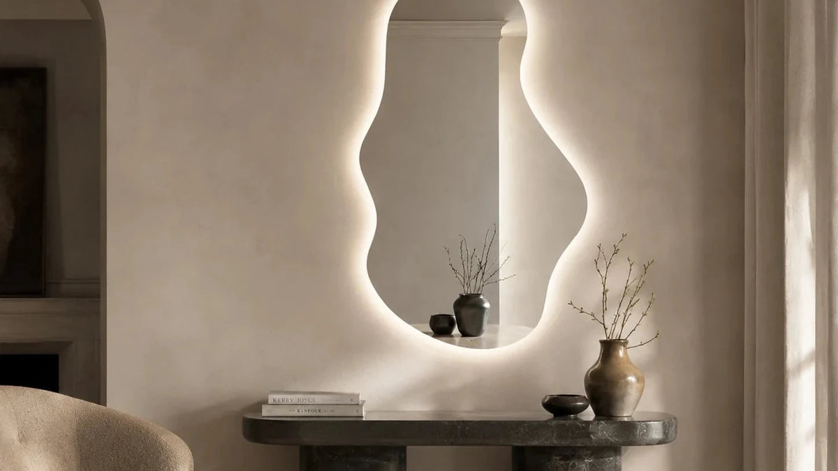 EMIRA LED mirror in a home-living interior, Art Collection. Claris Company, wide view