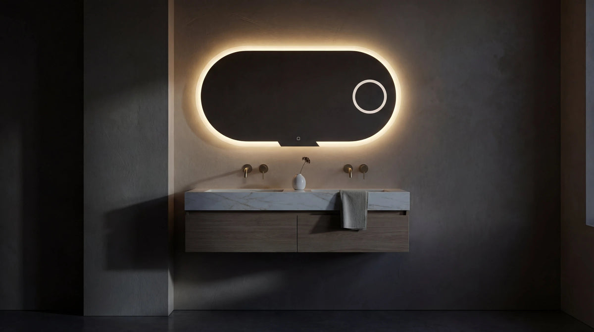 EVOLUTION LED mirror by Claris, multi-touch sensor with integrated magnifier ring. Tri-Temp colour selection, wide view
