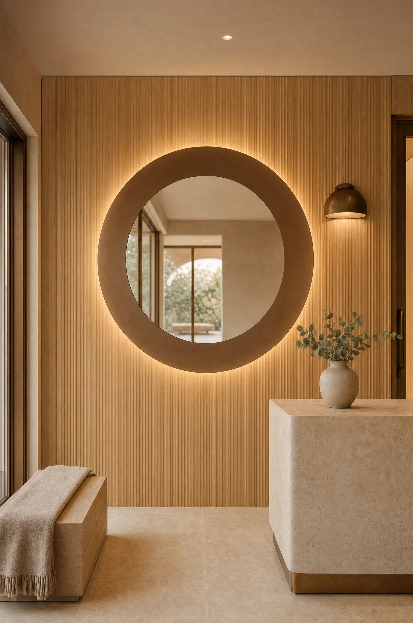 Claris GIGI STUDIO large-format round mirror with bronze frosted ring, backlit, in a wellness hotel reception, Studio Line