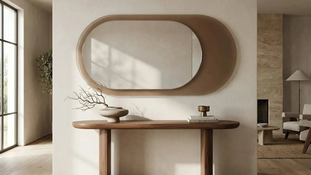 LEDA mirror in a home-living interior, hero view, Gemini Collection. Claris Company, wide view