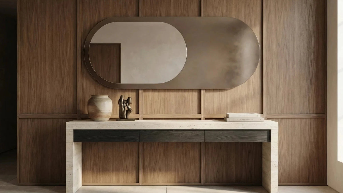 LEDA mirror in a home-living interior, hero view, Gemini Collection. Claris Company, wide view