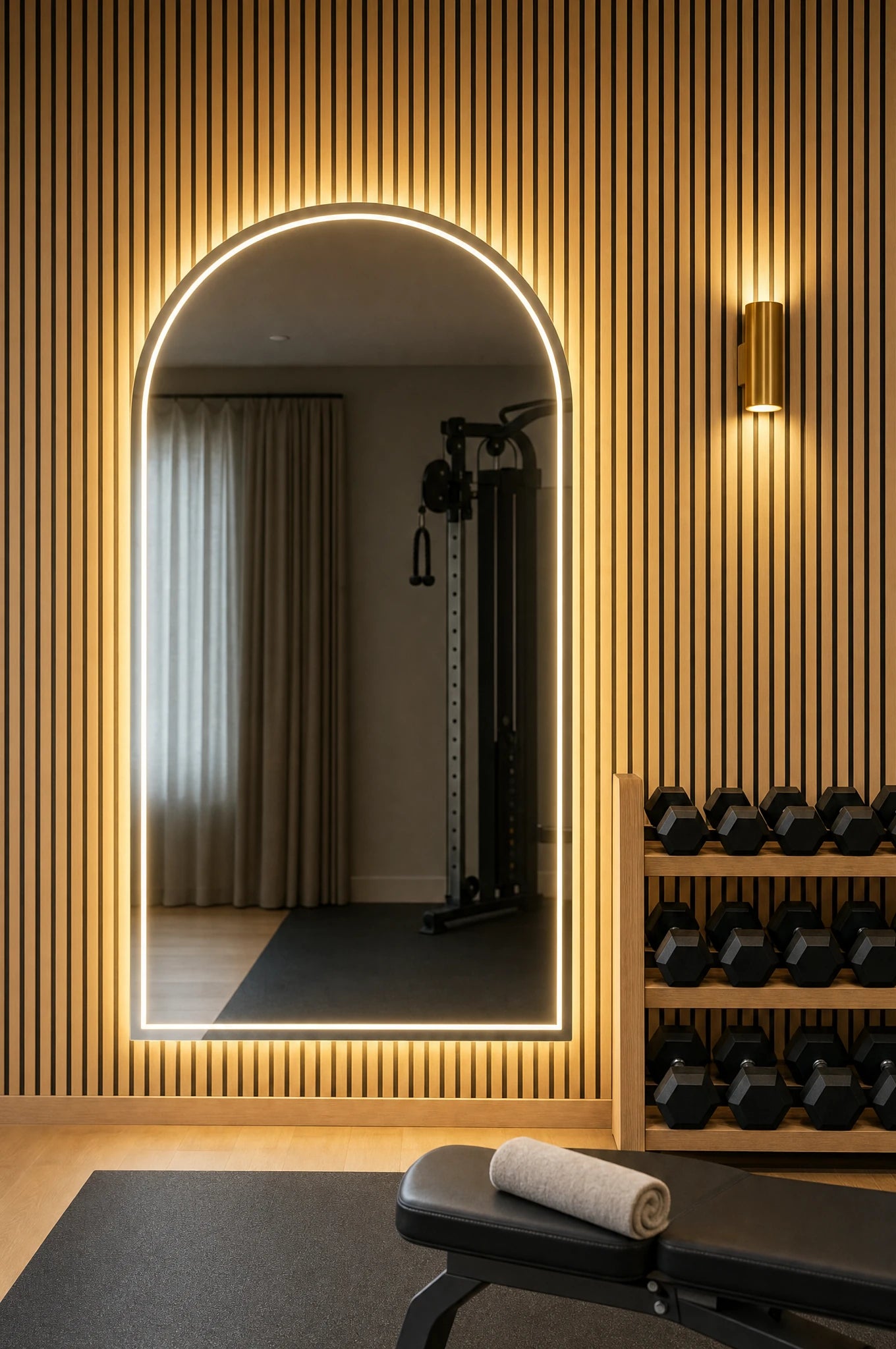 Claris MARLOWE STUDIO front-lit arched mirror in a private home gym, Studio Line