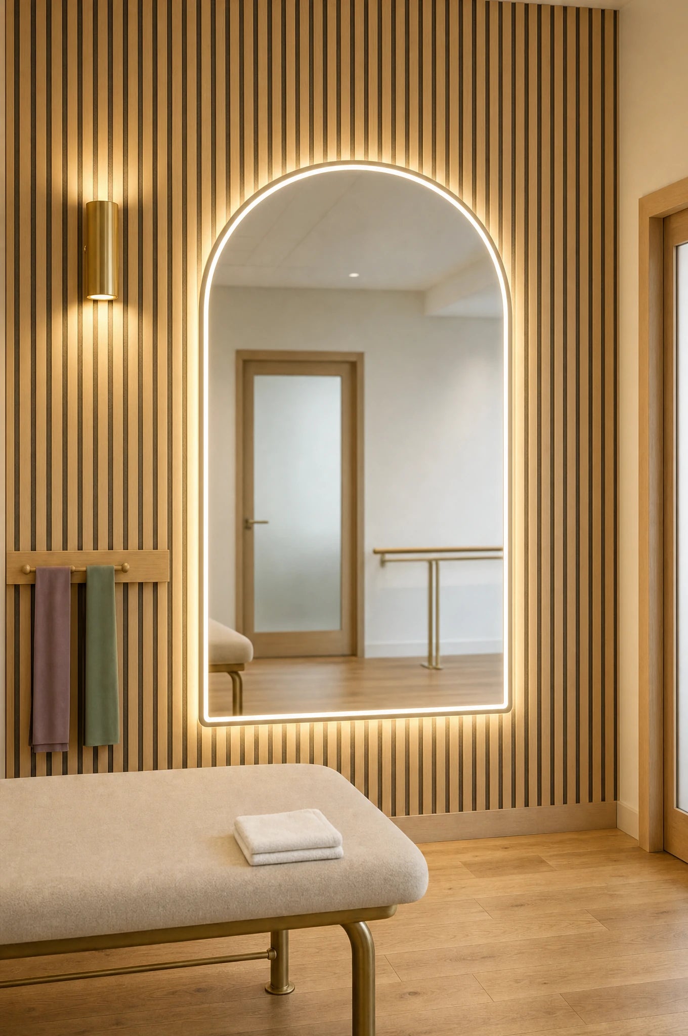 Claris MARLOWE STUDIO front-lit arched mirror in a physiotherapy treatment room, Studio Line