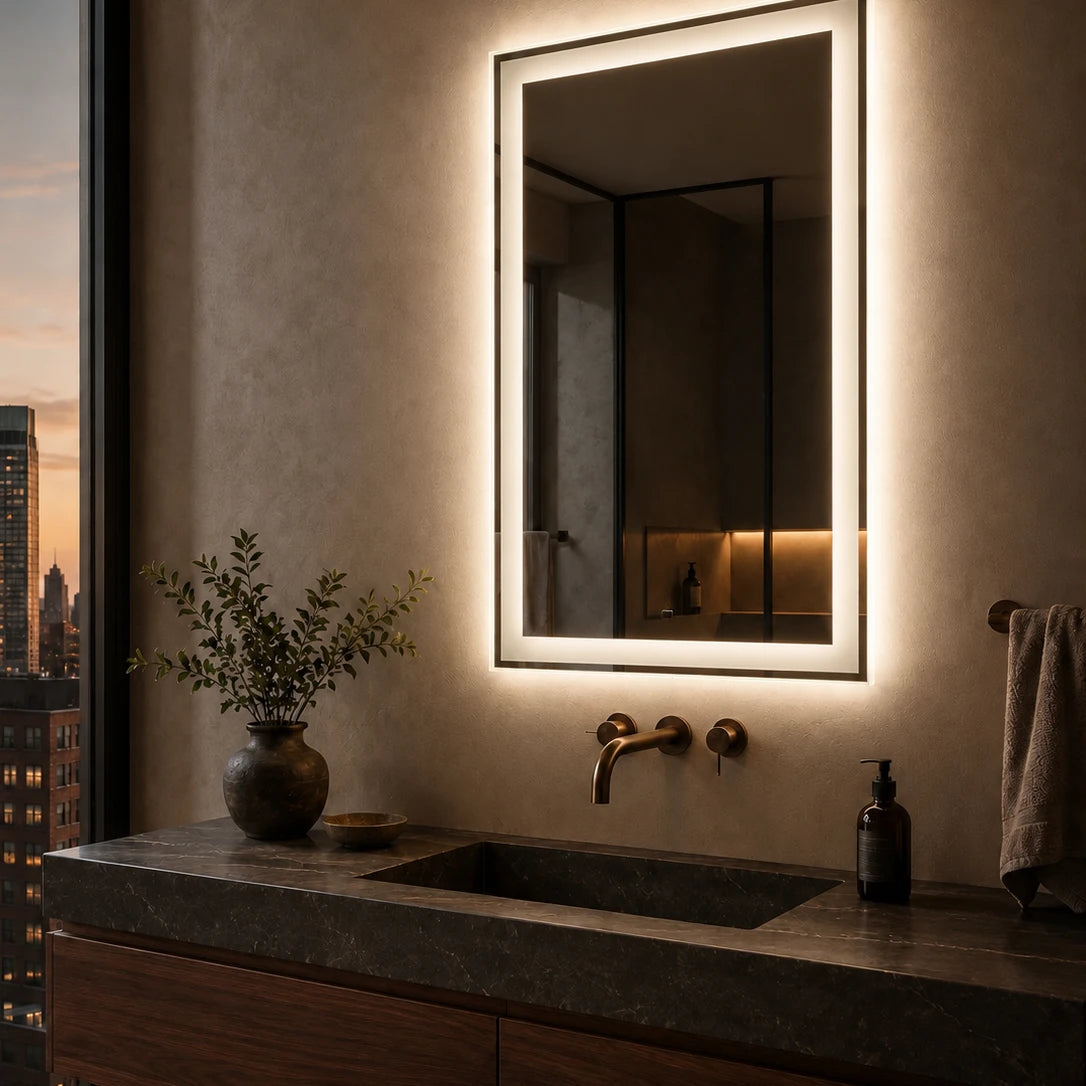 Claris MORENO backlit mirror with frosted band, dusk city window beside a dark stone vanity