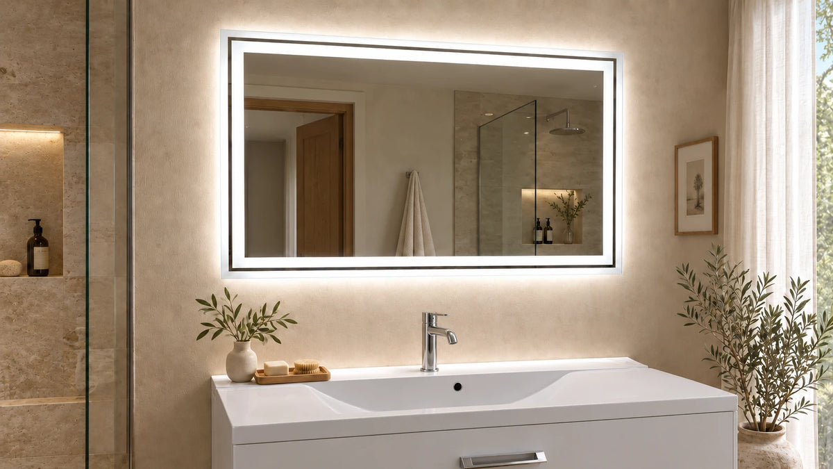 Claris MORENO backlit mirror with frosted band above a white vanity beside a window, wide view