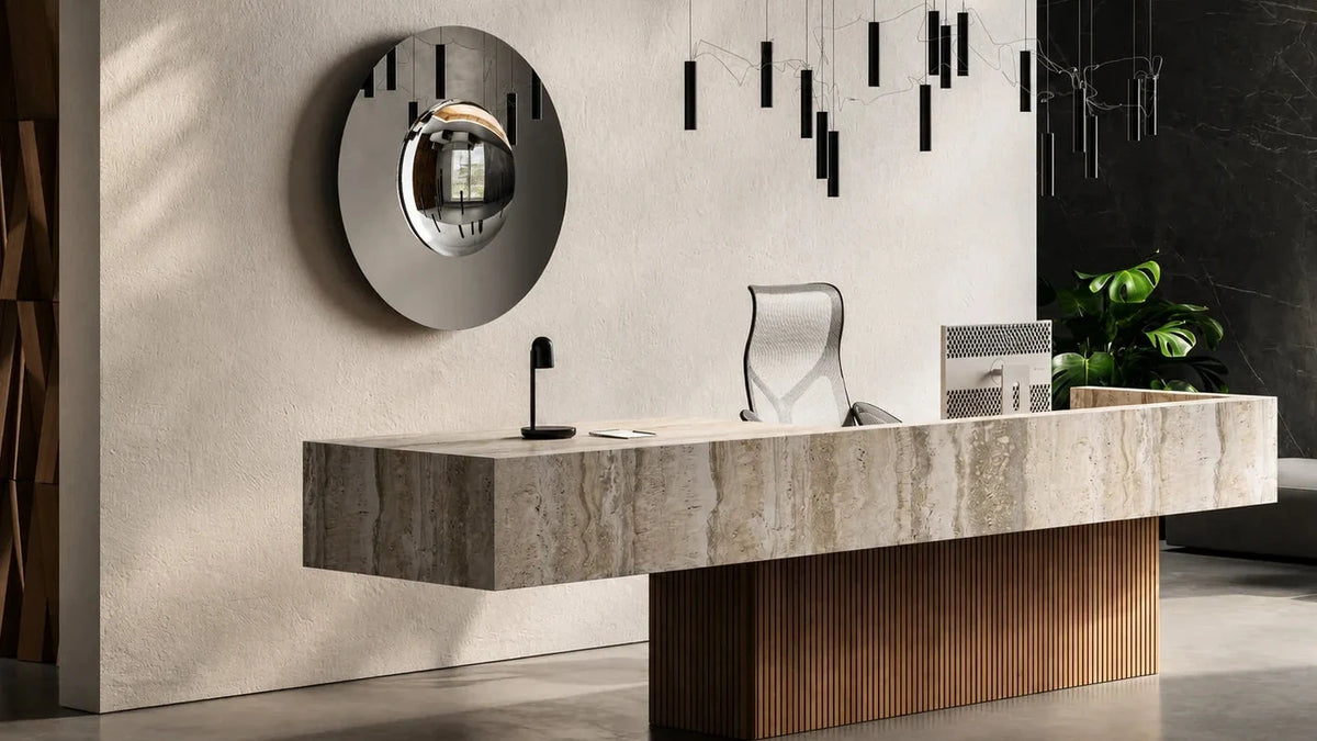 Claris OKO mirror in a living space, wide product hero, wide view